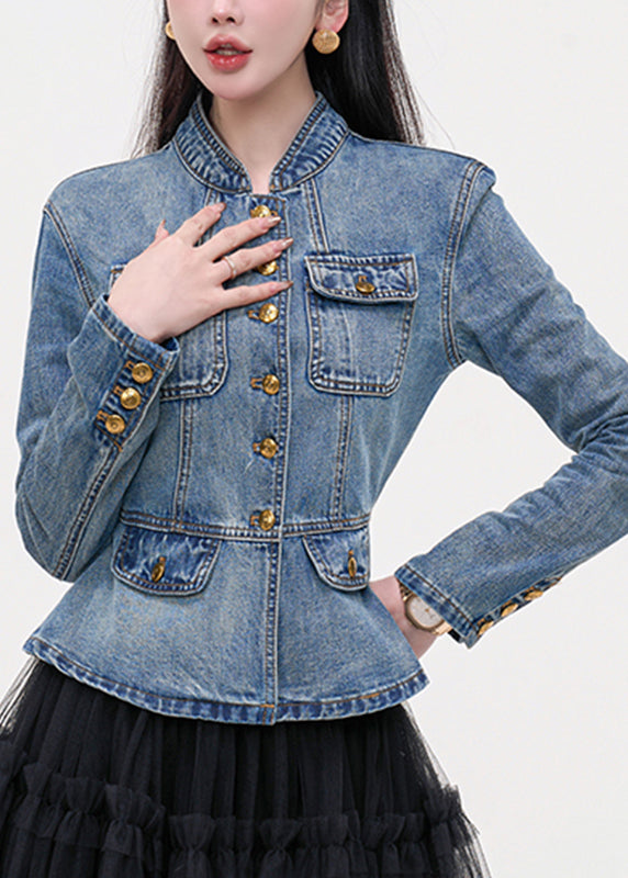 Slim Fit Blue Stand Collar Pockets Patchwork Denim Coats Spring