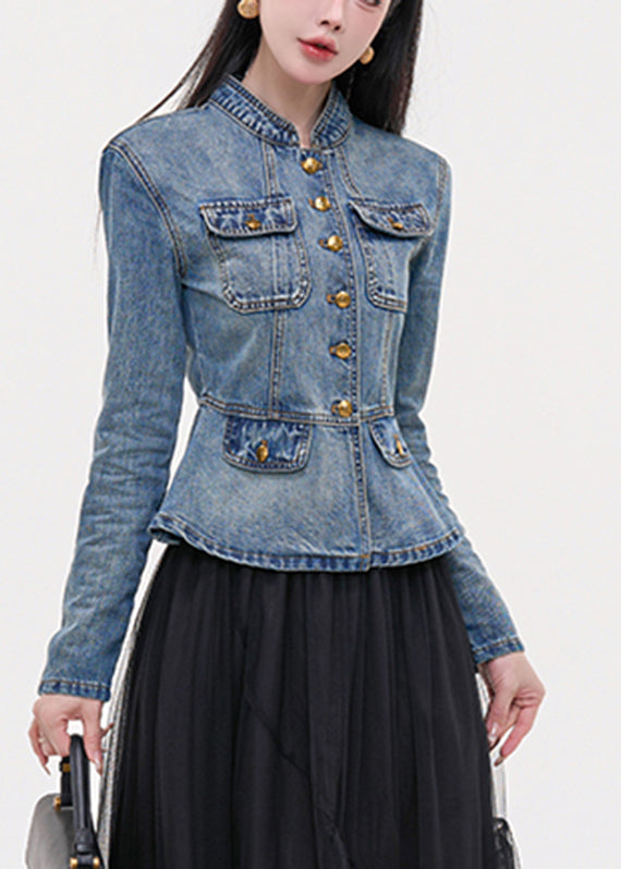 Slim Fit Blue Stand Collar Pockets Patchwork Denim Coats Spring
