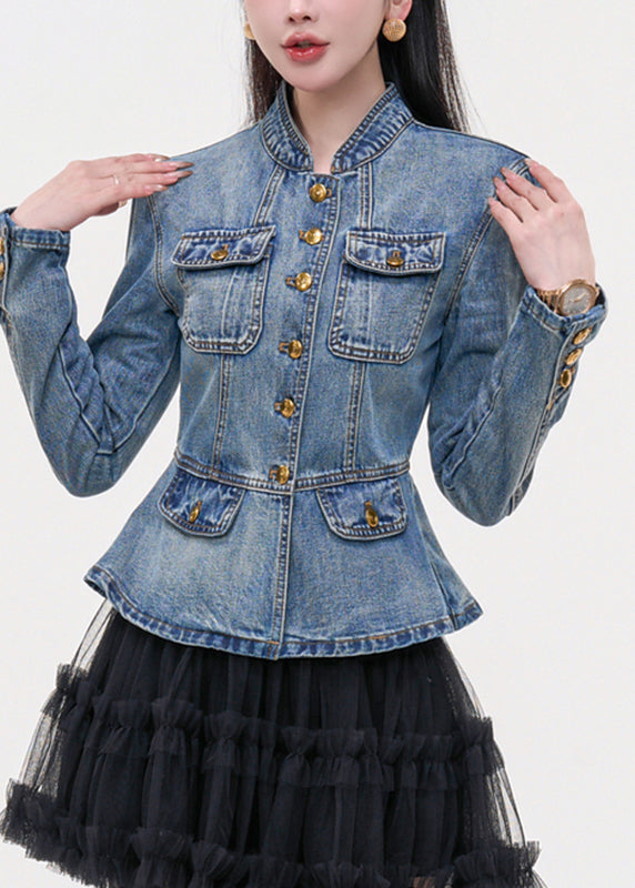 Slim Fit Blue Stand Collar Pockets Patchwork Denim Coats Spring
