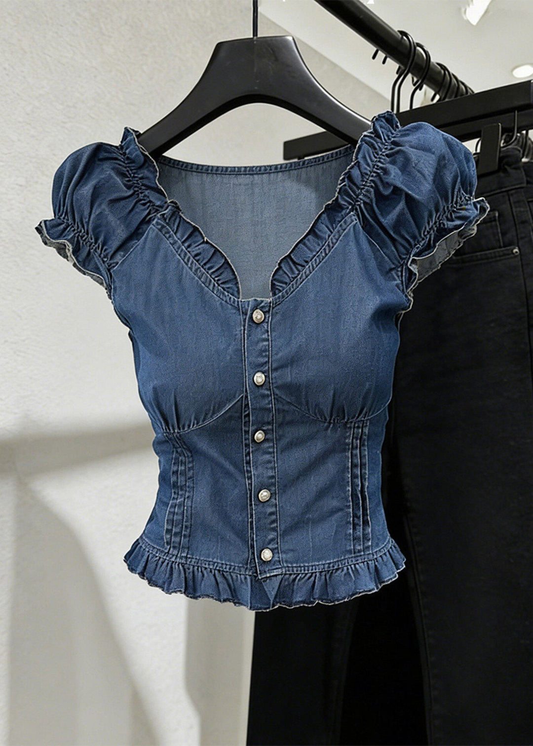 Slim Fit Blue V Neck Ruffled Denim Shirt Short Sleeve