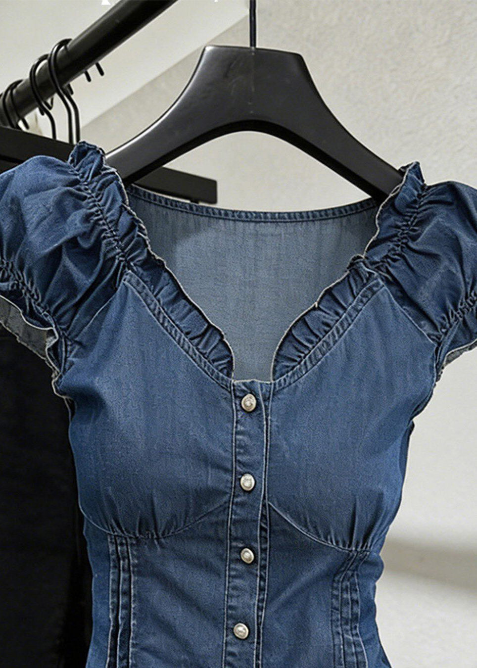 Slim Fit Blue V Neck Ruffled Denim Shirt Short Sleeve