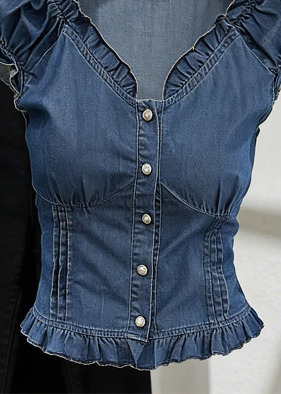 Slim Fit Blue V Neck Ruffled Denim Shirt Short Sleeve