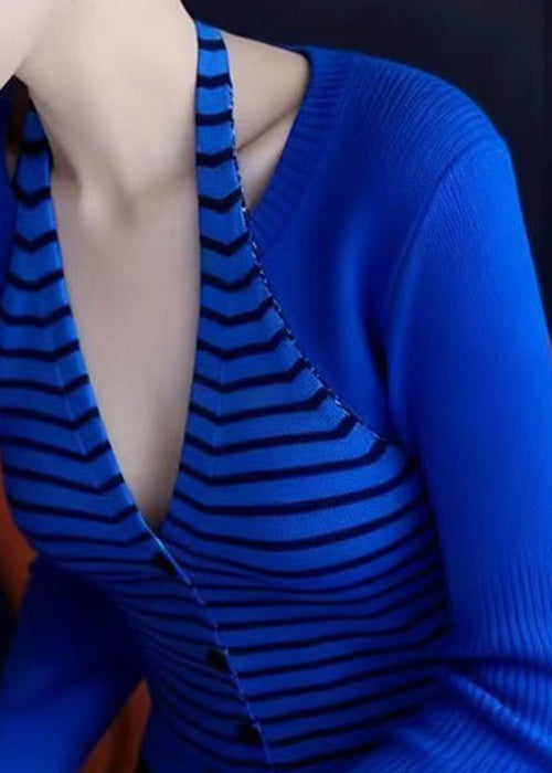 Slim Fit Blue V Neck Striped Patchwork Knit Sweaters Fall
