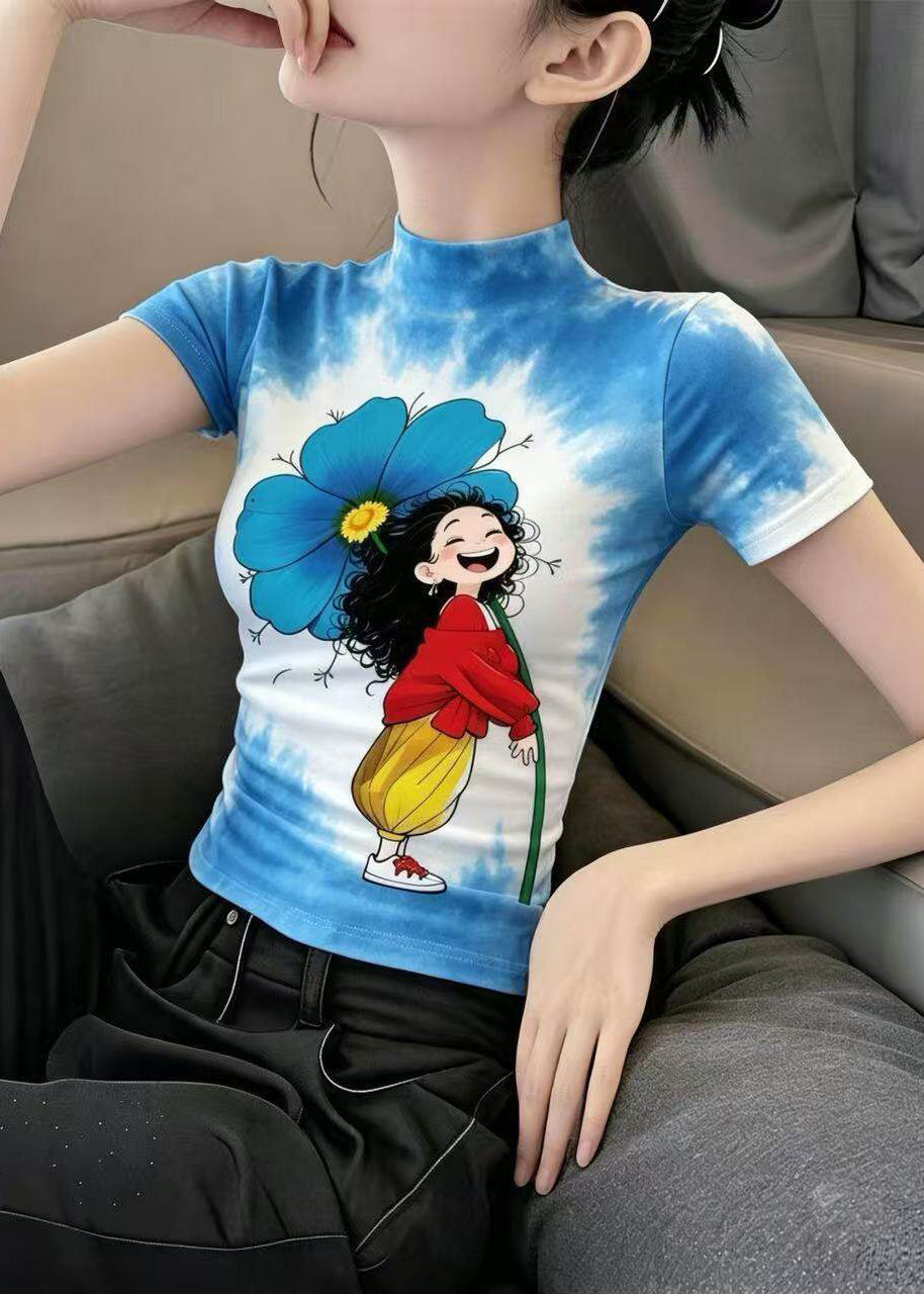 Slim Fit Blue Yellow Turtleneck Girl Print Ice Silk T Shirt Summer