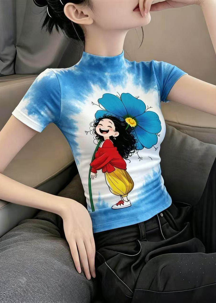 Slim Fit Blue Yellow Turtleneck Girl Print Ice Silk T Shirt Summer
