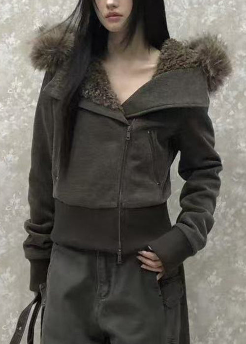 Slim Fit Brown Hooded Zippered Patchwork Warm Fleece Parka Winter