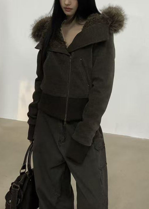 Slim Fit Brown Hooded Zippered Patchwork Warm Fleece Parka Winter