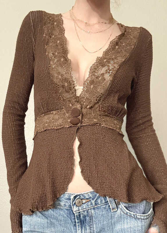 Slim Fit Brown Lace Patchwork Knit Tops Spring