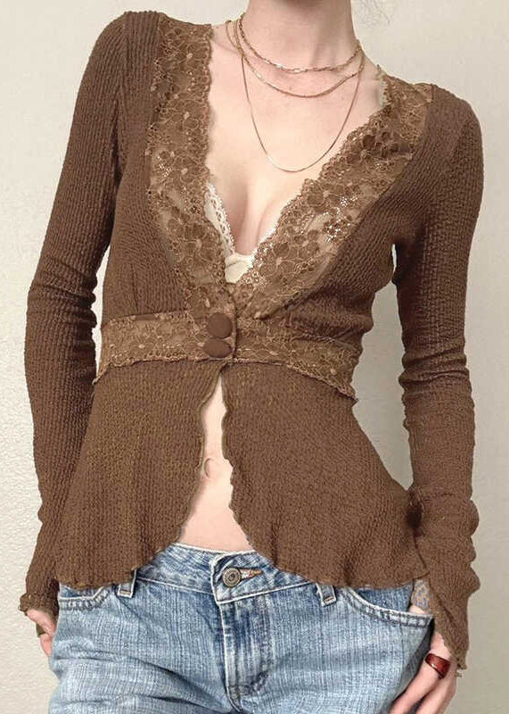 Slim Fit Brown Lace Patchwork Knit Tops Spring