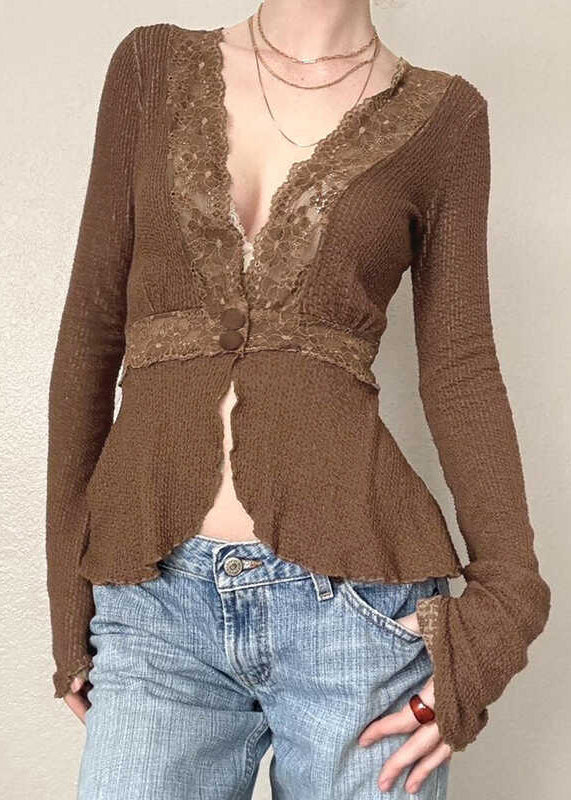Slim Fit Brown Lace Patchwork Knit Tops Spring