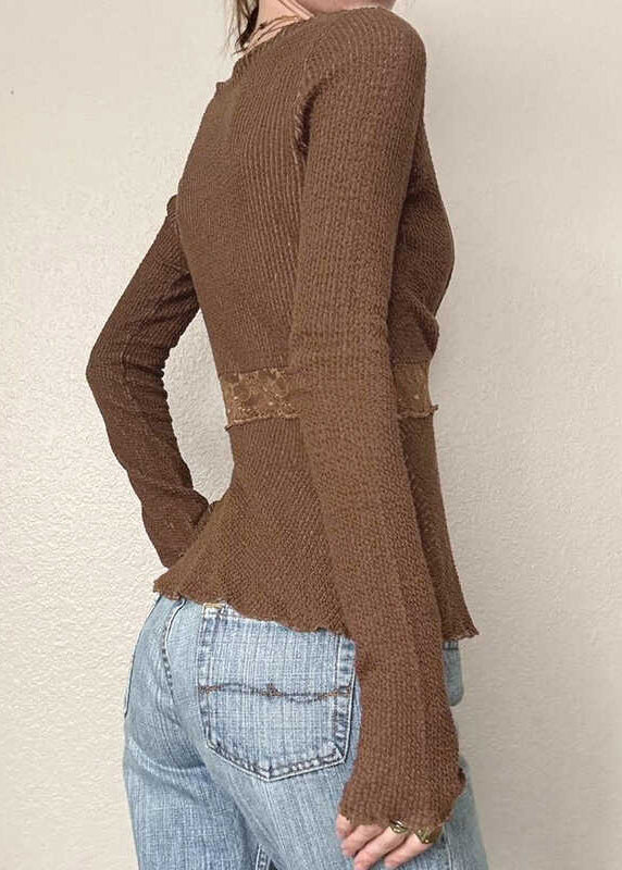 Slim Fit Brown Lace Patchwork Knit Tops Spring