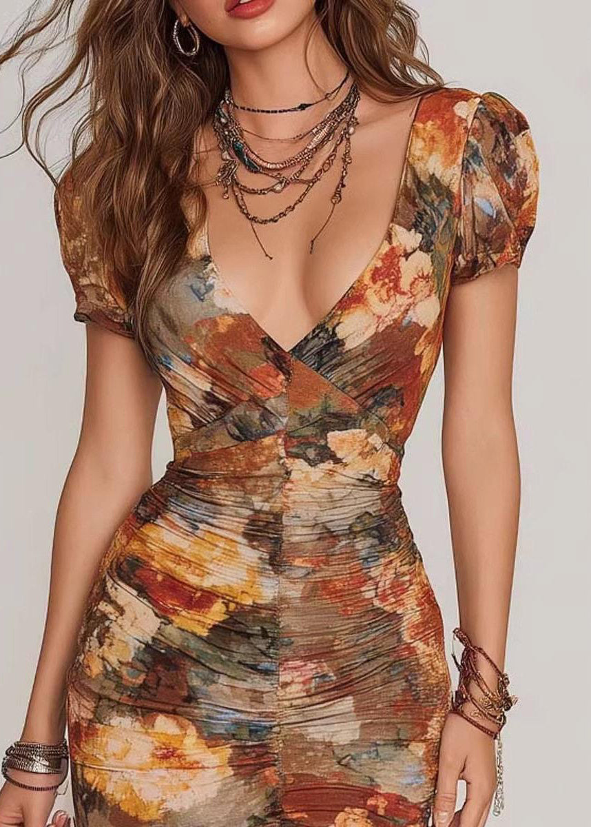 Slim Fit Caramel Print V Neck Wrinkled Dress Summer