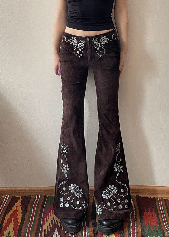 Slim Fit Chocolate Embroidered Floral Denim Flared Trousers