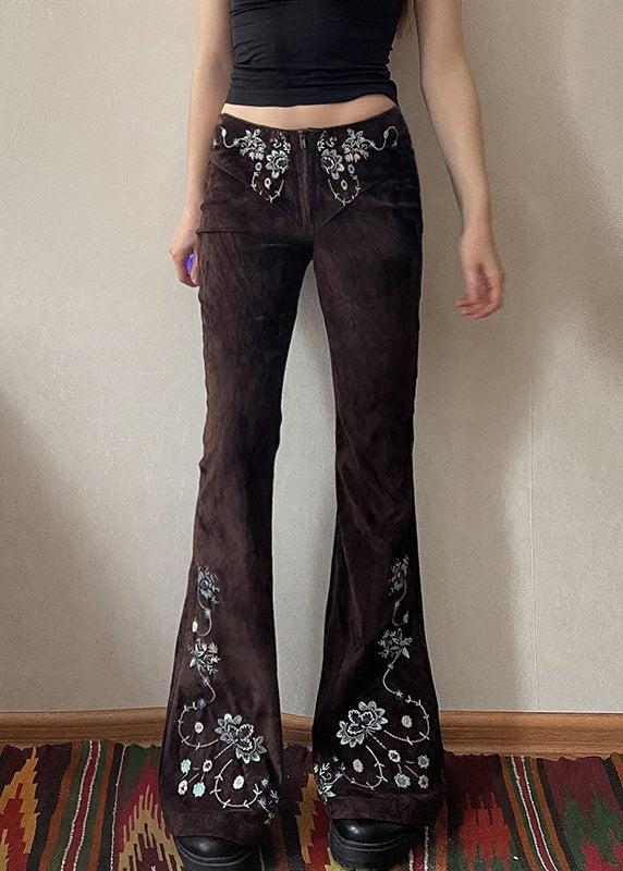 Slim Fit Chocolate Embroidered Floral Denim Flared Trousers