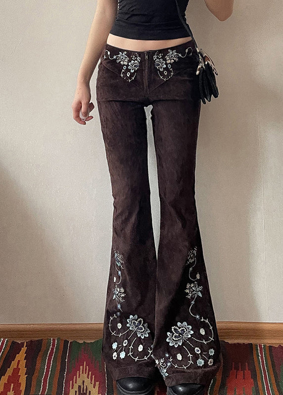Slim Fit Chocolate Embroidered Floral Denim Flared Trousers