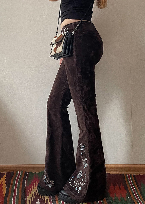 Slim Fit Chocolate Embroidered Floral Denim Flared Trousers
