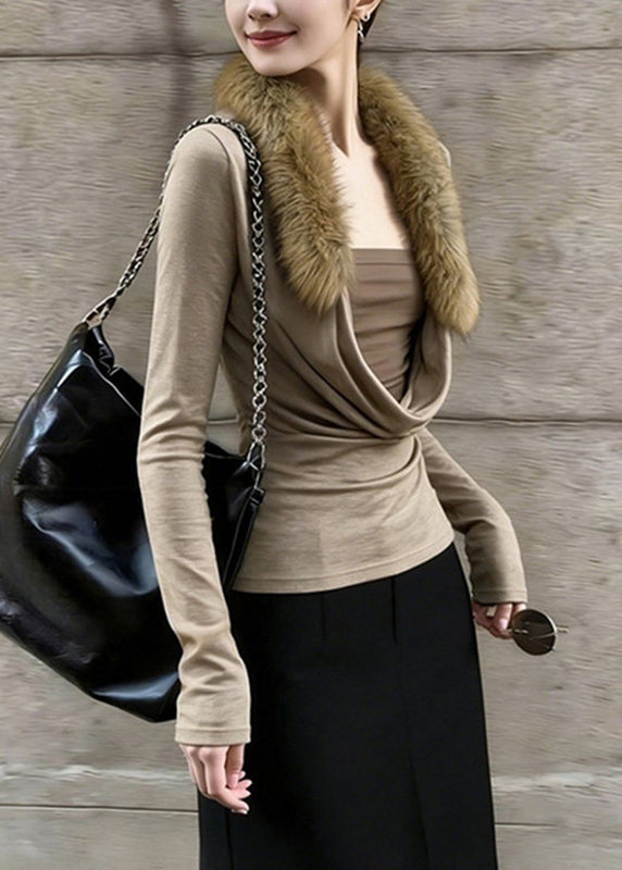 Slim Fit Coffee Fur Collar Patchwork Fake Two-Piece Top Spring