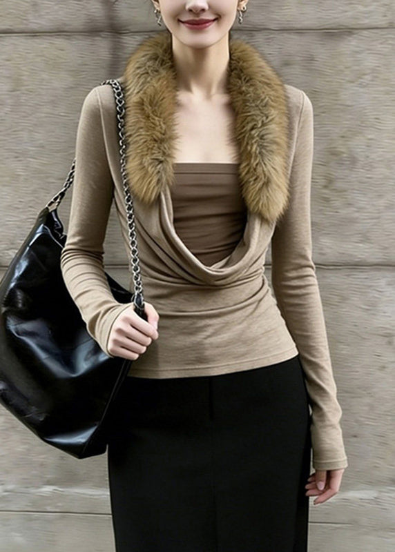 Slim Fit Coffee Fur Collar Patchwork Fake Two-Piece Top Spring