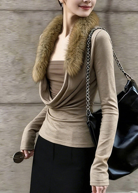 Slim Fit Coffee Fur Collar Patchwork Fake Two-Piece Top Spring
