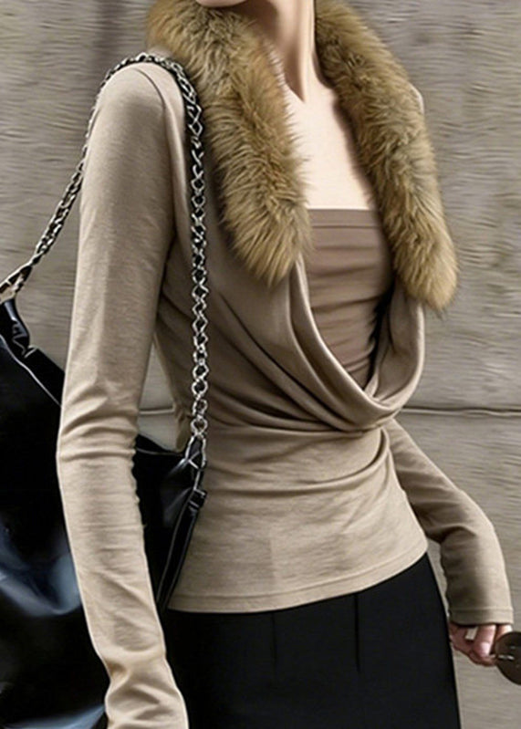 Slim Fit Coffee Fur Collar Patchwork Fake Two-Piece Top Spring