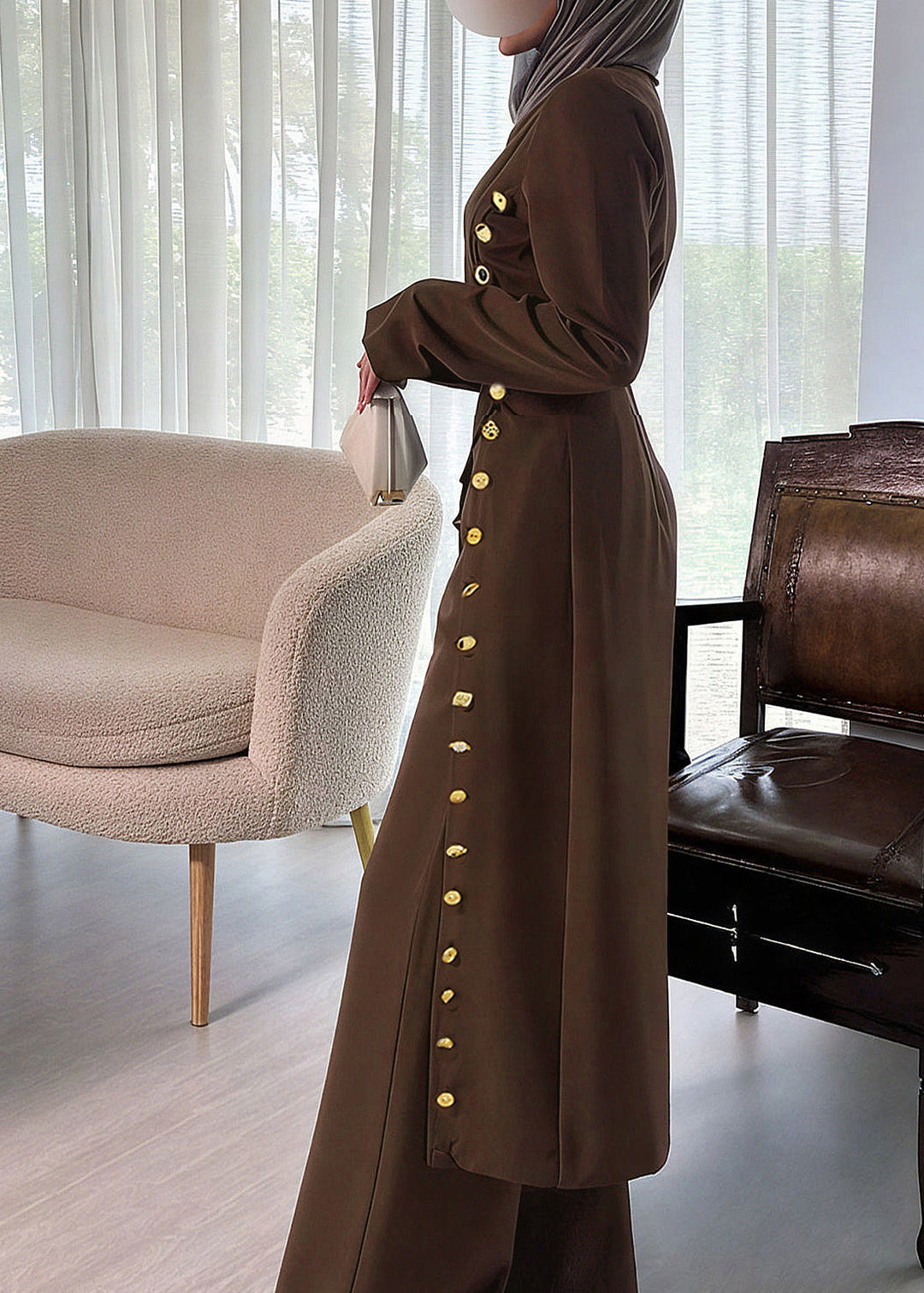 Slim Fit Coffee O-Neck Patchwork Button Trench Coats Fall