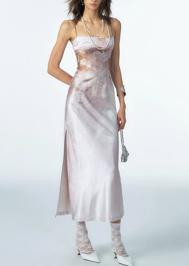 Slim Fit Coffee Print Side Open Silk Spaghetti Strap Dress Sleeveless