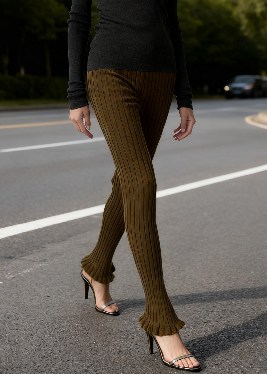 Slim Fit Coffee Ruffled Elastic Waist Knit Flared Trousers Spring