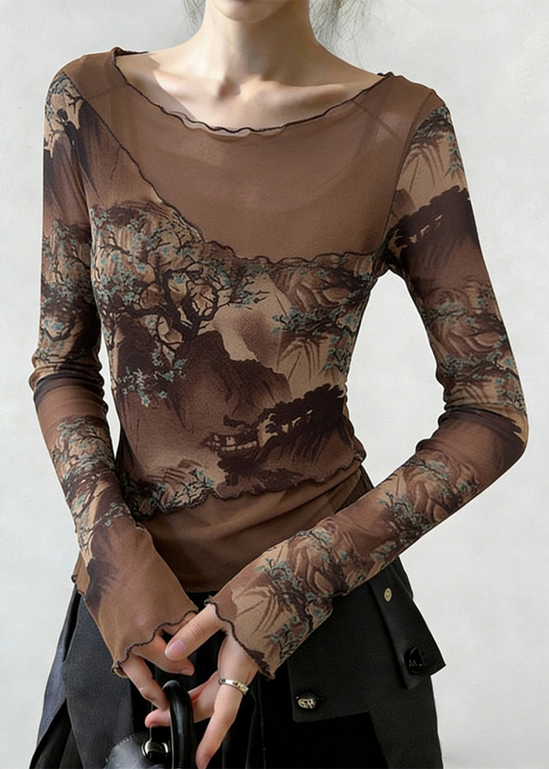 Slim Fit Coffee Ruffled Print Patchwork Tulle T Shirt Spring