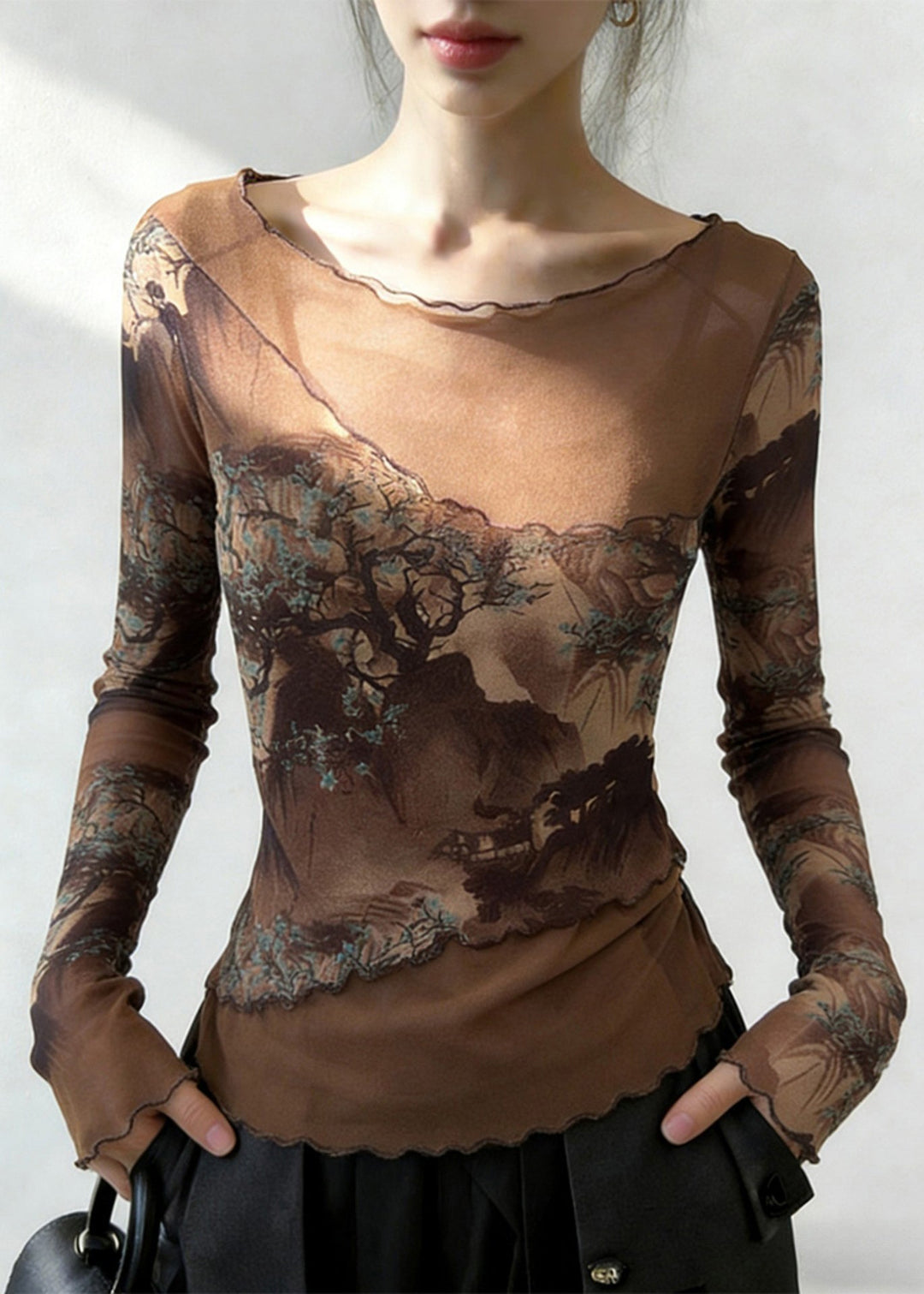 Slim Fit Coffee Ruffled Print Patchwork Tulle T Shirt Spring