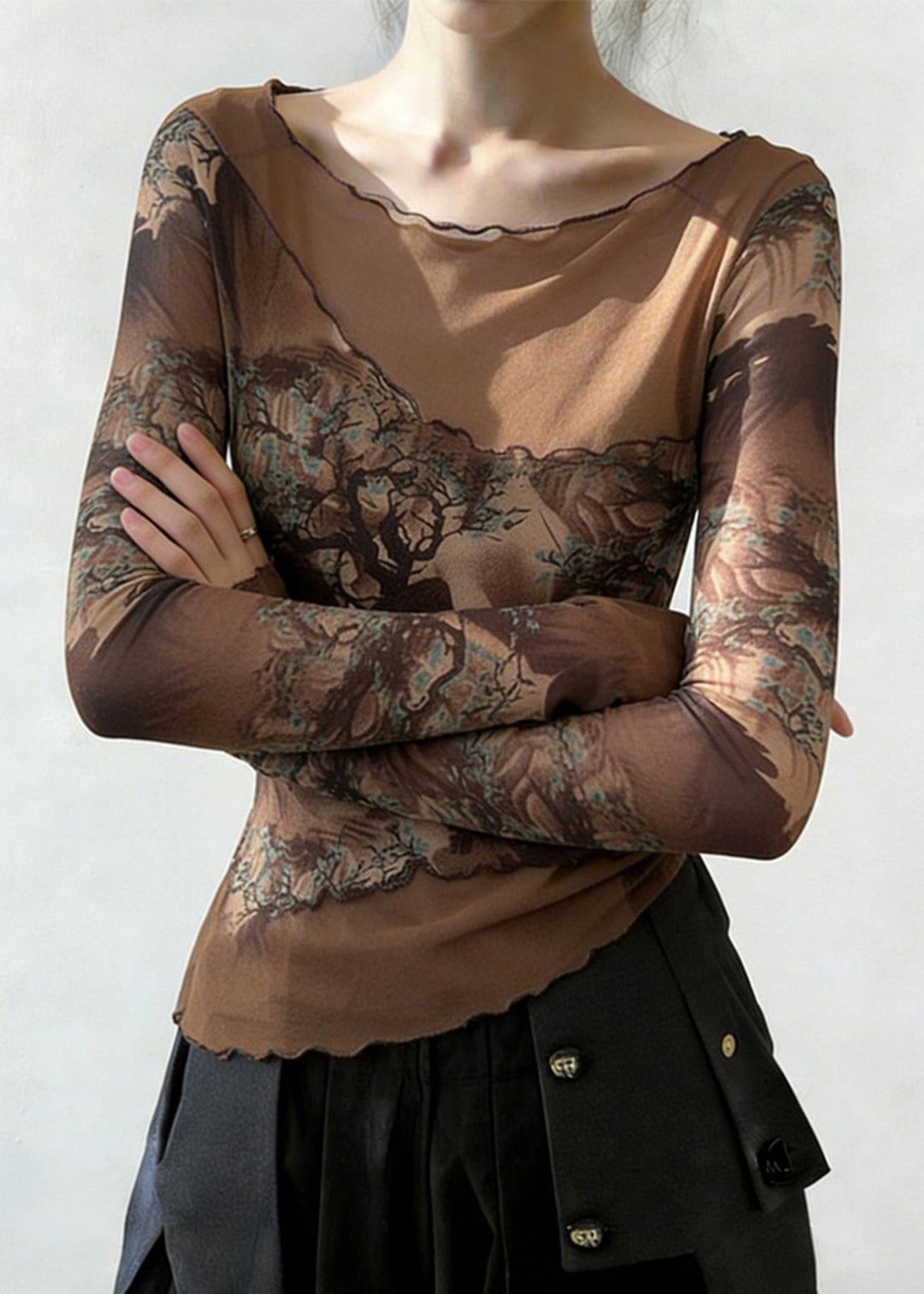 Slim Fit Coffee Ruffled Print Patchwork Tulle T Shirt Spring