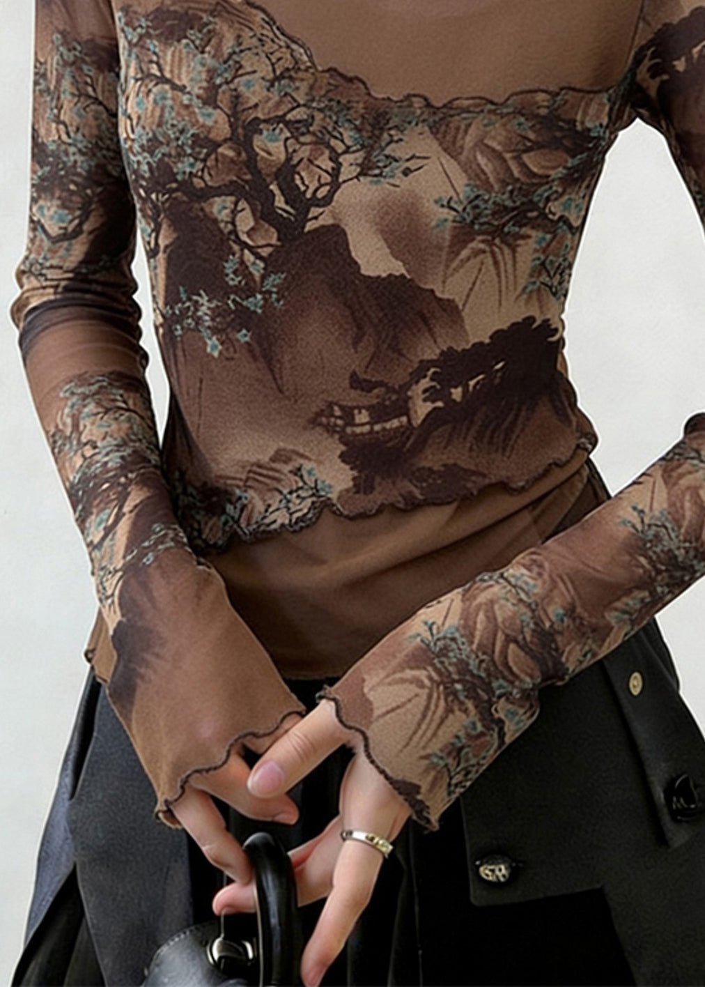 Slim Fit Coffee Ruffled Print Patchwork Tulle T Shirt Spring