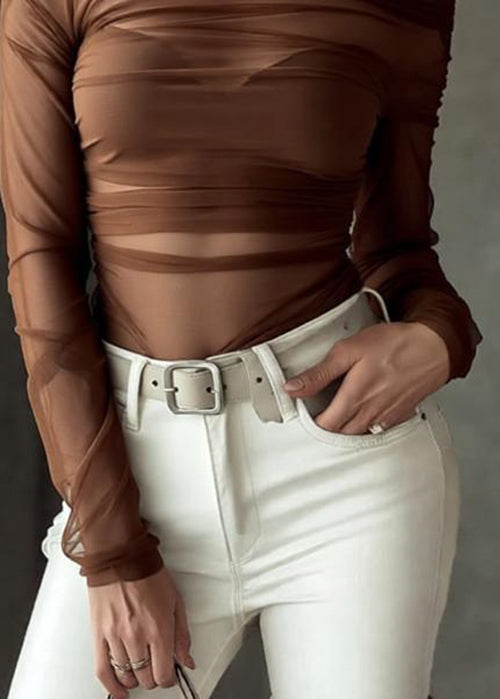 Slim Fit Coffee Slash Neck Thin Perspective Tulle T Shirt Spring