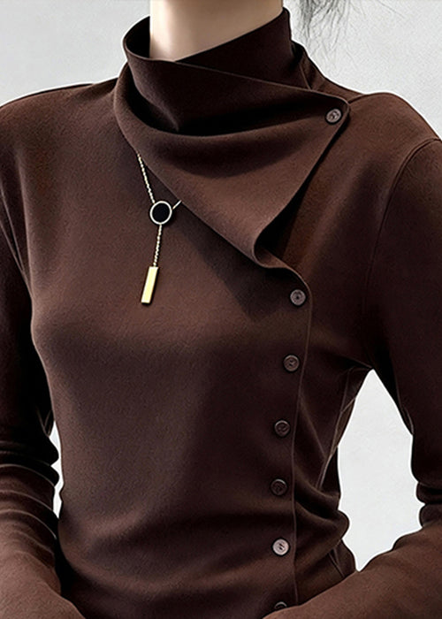 Slim Fit Coffee Turtleneck Button Cotton T Shirt Winter