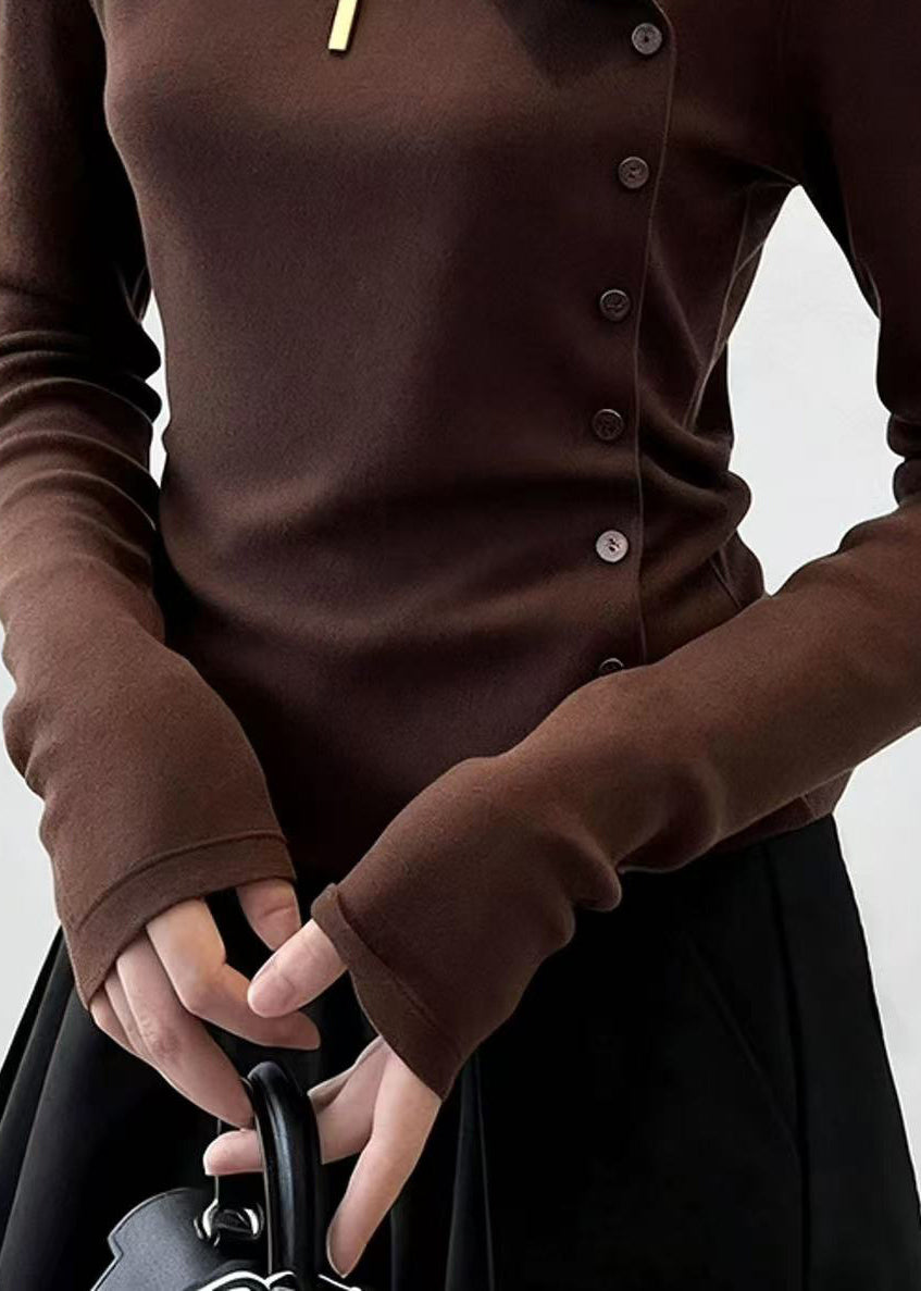 Slim Fit Coffee Turtleneck Button Cotton T Shirt Winter