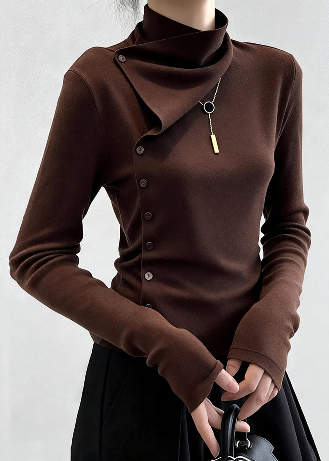Slim Fit Coffee Turtleneck Button Cotton T Shirt Winter