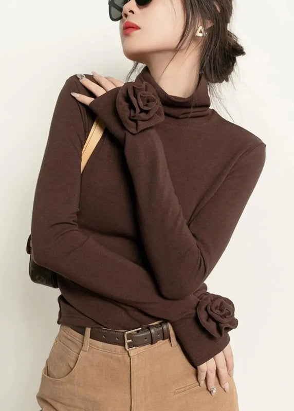 Slim Fit Coffee Turtleneck Floral Solid Cotton T Shirts Fall