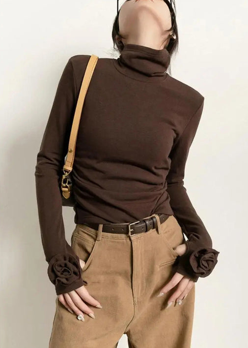 Slim Fit Coffee Turtleneck Floral Solid Cotton T Shirts Fall