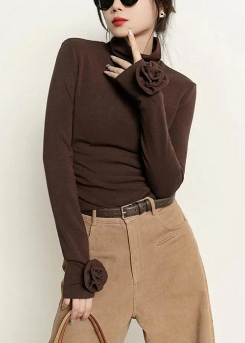 Slim Fit Coffee Turtleneck Floral Solid Cotton T Shirts Fall