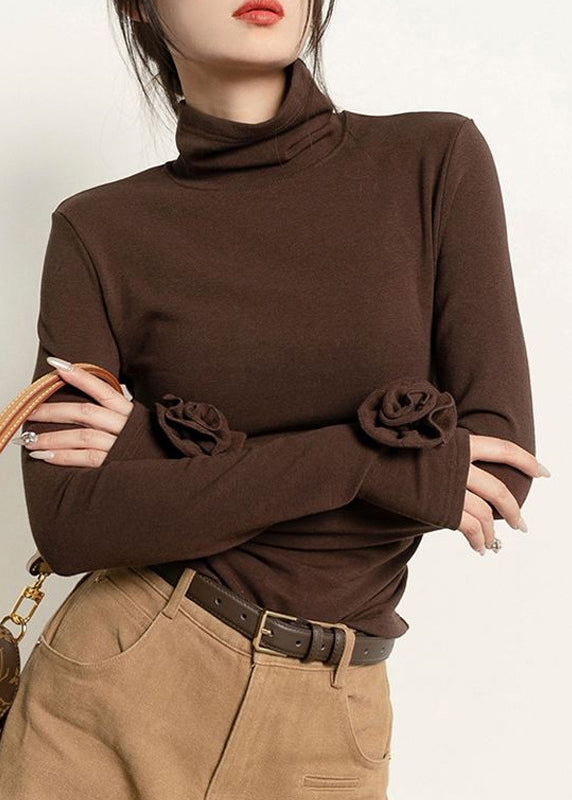 Slim Fit Coffee Turtleneck Floral Solid Cotton T Shirts Fall
