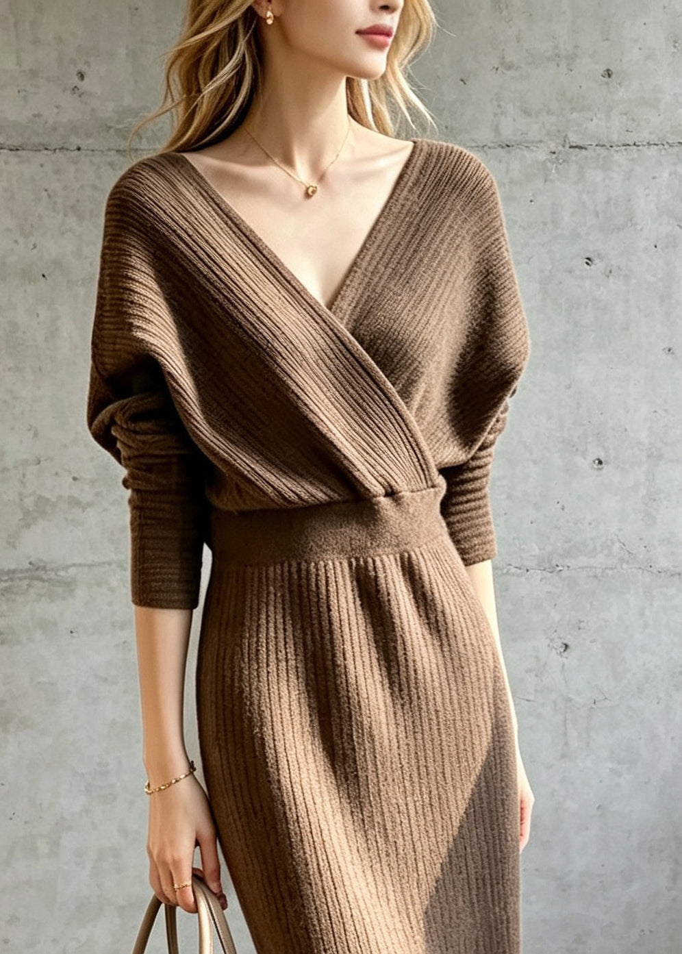 Slim Fit Coffee V Neck Knit Dress Batwing Sleeve