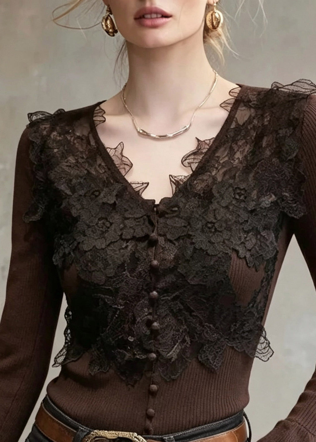 Slim Fit Coffee V Neck Lce Patchwork Cotton Knit Sweater Tops Flare Sleeve