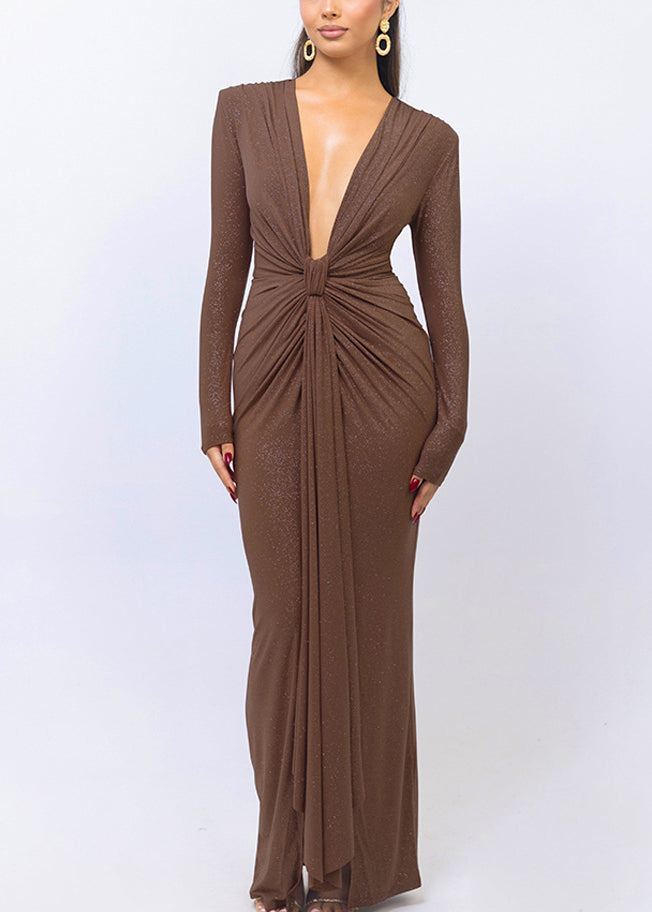 Slim Fit Coffee V Neck Wrinkled Party Dress Spring