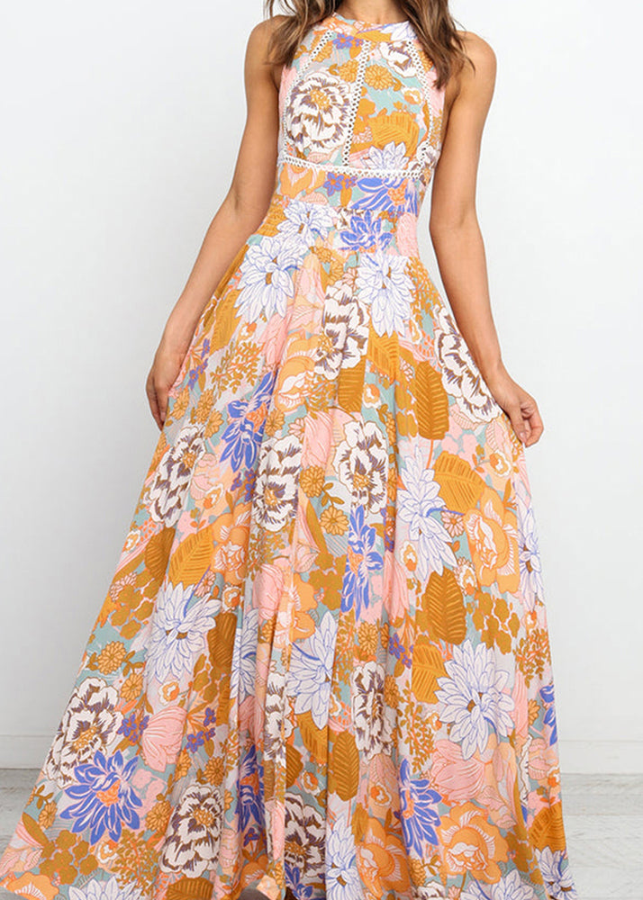 Slim Fit Colorblock Print Backless Tunic Maxi Dresses Sleeveless