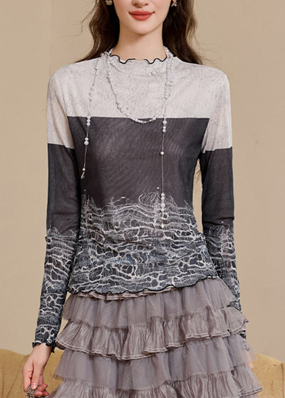 Slim Fit Colorblock Stand Collar Print Top Fall