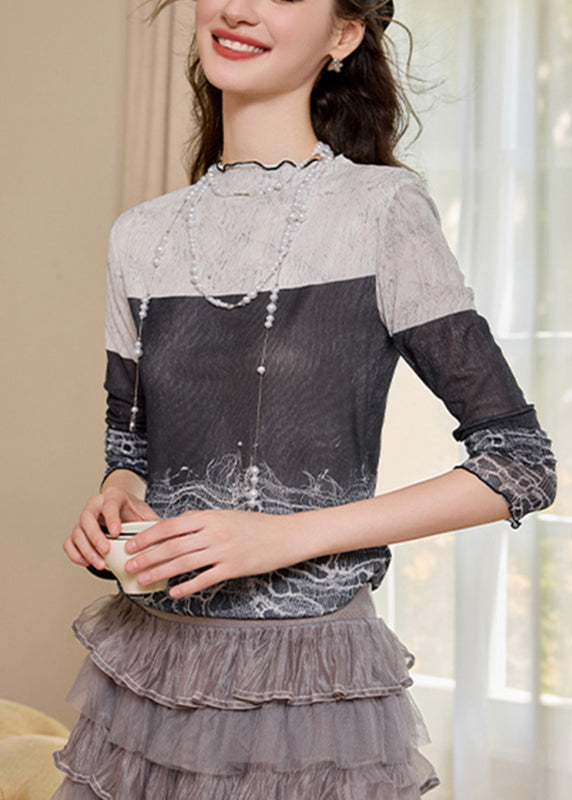 Slim Fit Colorblock Stand Collar Print Top Fall