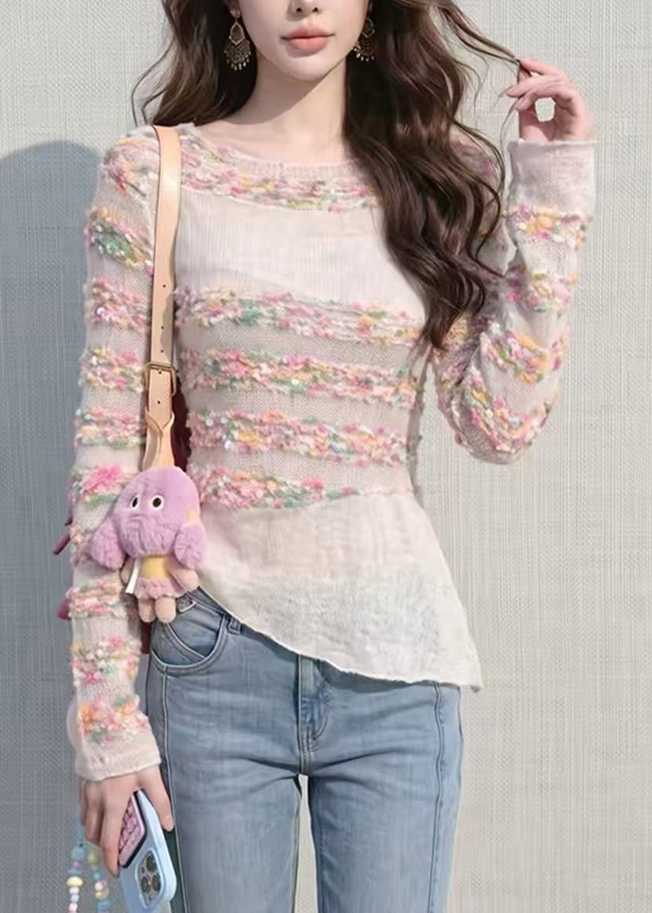 Slim Fit Colorful Striped Asymmetrical Hollow Out Knit Top Fall