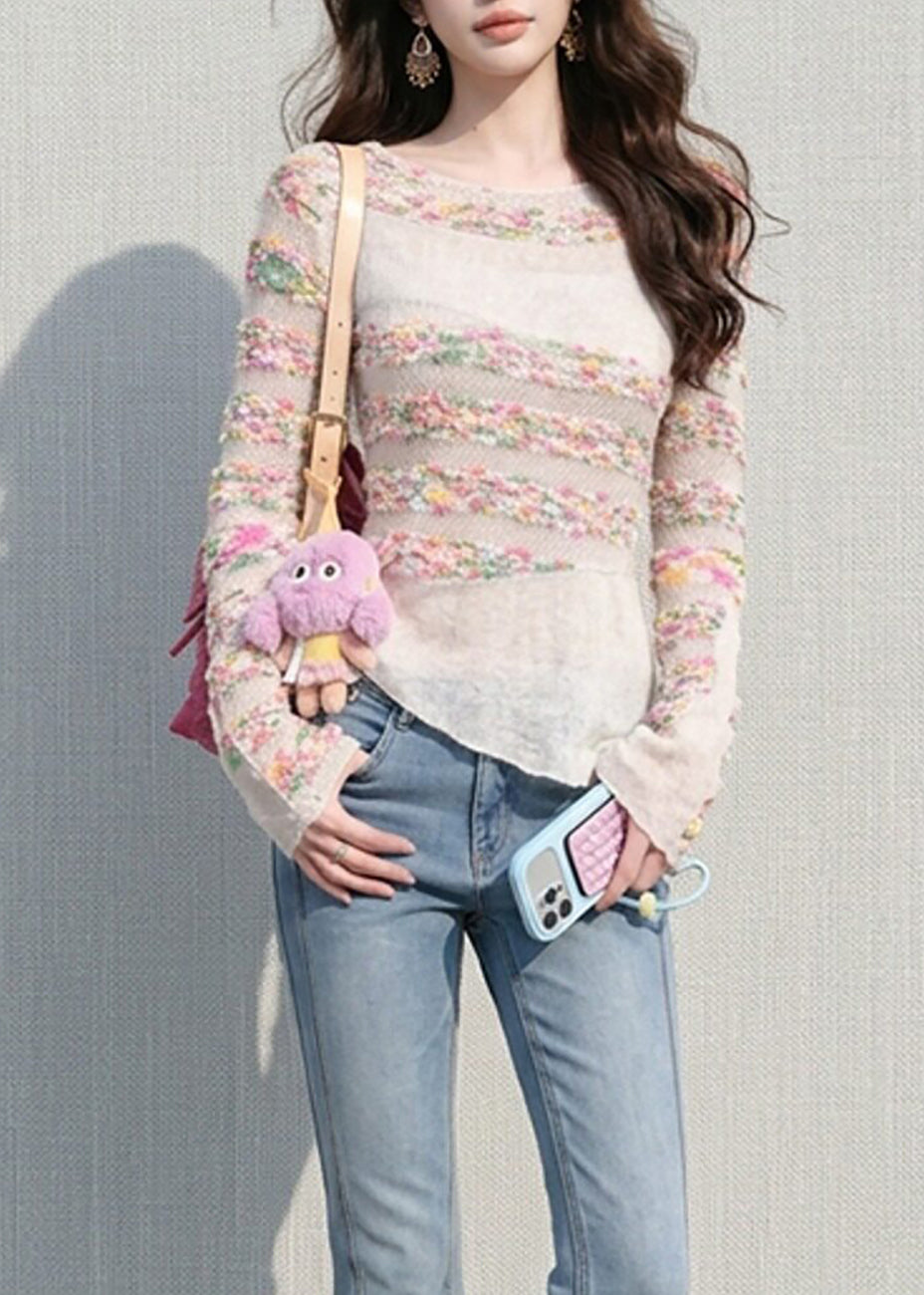 Slim Fit Colorful Striped Asymmetrical Hollow Out Knit Top Fall