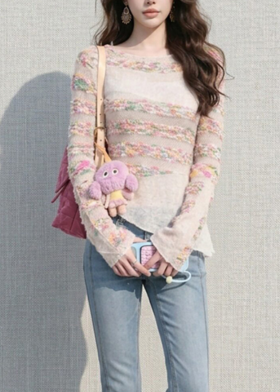 Slim Fit Colorful Striped Asymmetrical Hollow Out Knit Top Fall