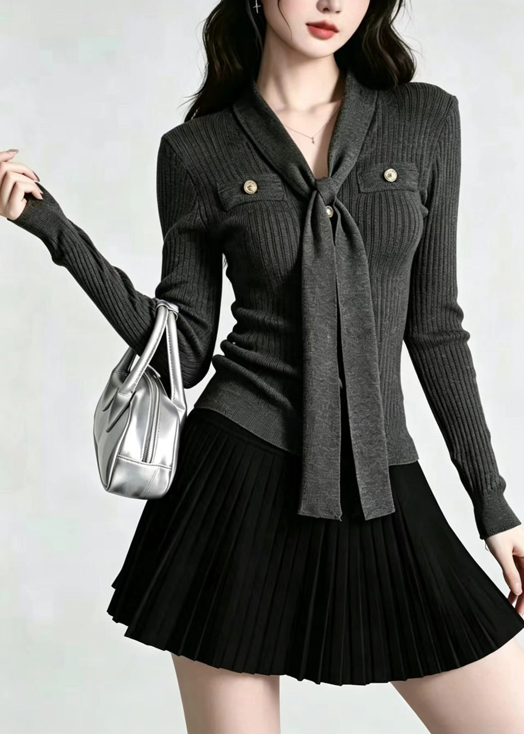Slim Fit Dark Gray V Neck Tie  Knit Top Long sleeve
