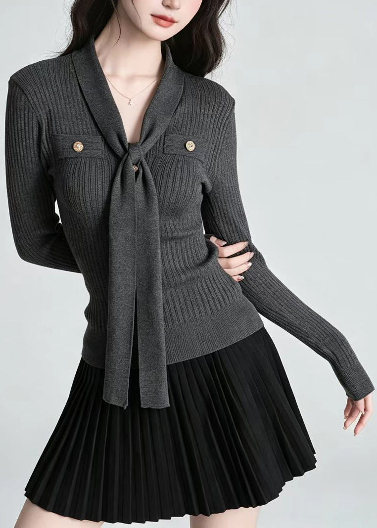 Slim Fit Dark Gray V Neck Tie  Knit Top Long sleeve
